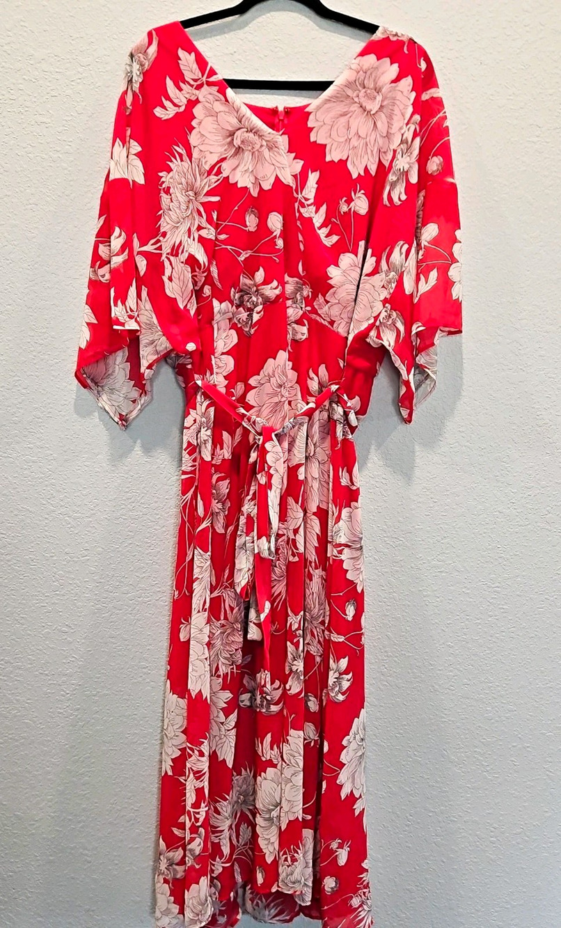 NWT Lane Bryant Women's Plus 20 Red Pink Floral V-Neck Kimono 3/4 Maxi Belted